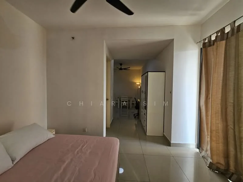 Room features: queen-size bed with pink bedsheet, white wall, cream tiled flooring, ceiling fan, floor-to-ceiling window with sheer curtains, built-in wardrobe, dining area visible in background; style: modern.