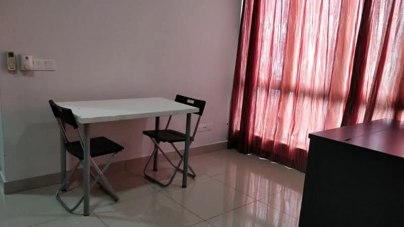 Room features: white walls, glossy tile flooring, folding table, two folding chairs, floor-to-ceiling windows, sheer curtains in burgundy, dark wooden cabinet; style: modern.