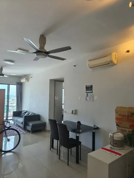 Living features: 5-blade ceiling fan, wall-mounted split AC, grey fabric sofa, dining table for 4, 4 upholstered dining chairs, tile flooring, white painted walls, curtains on large window, decorative wall clock, area rug, wall-mounted calendar, bicycle, built-in cabinets; style: modern; view: city.