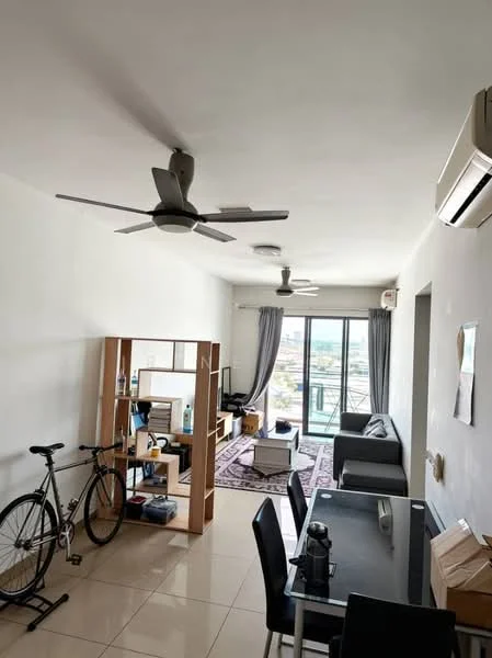 Living features: 3-blade ceiling fan, floor-to-ceiling windows, sliding glass door, grey fabric sofa, coffee table, TV console, wall-mounted TV, area rug with geometric pattern, open shelving unit, bicycle, dining table with black chairs, light-colored tiled flooring, curtains, decorative wall art; style: modern; view: city.