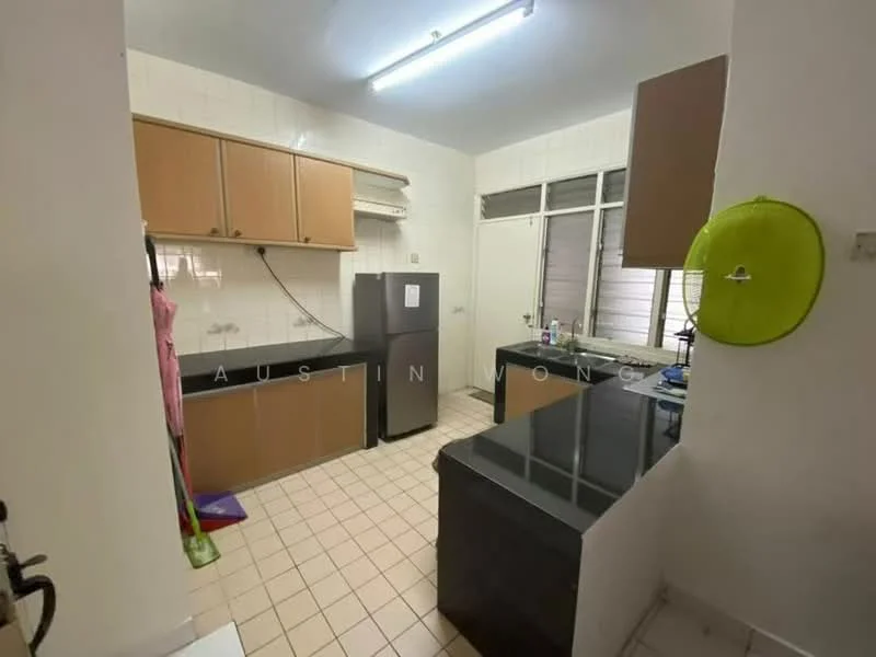 Kitchen features: black granite countertop, brown wooden cabinetry, stainless-steel fridge, single-bowl stainless-steel sink, chrome pull-down faucet, tile flooring, white tiled walls, window with blinds, ceiling lights; style: modern.