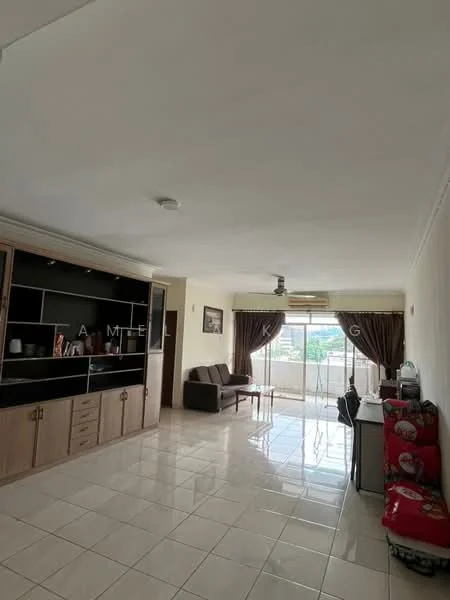 Living features: white painted walls, glossy ceramic tile flooring, ceiling fan, large window with city view, brown fabric sofa, wooden TV console, built-in cabinetry, curtains, decorative wall art, refrigerator, dining table with chairs; style: modern; view: city.