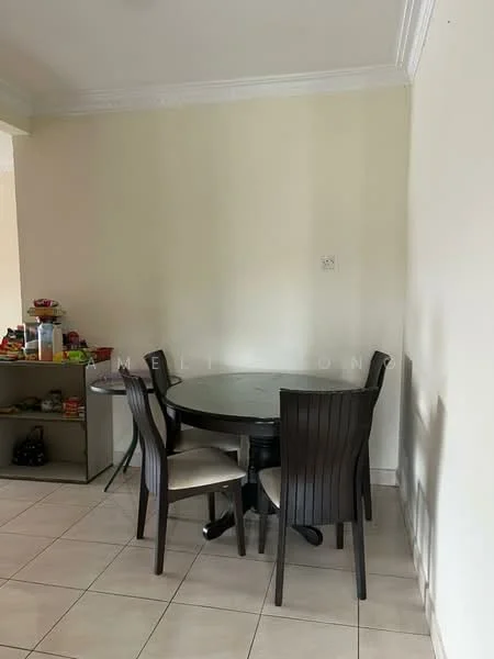 Dining features: round dining table, 4 dining chairs, cream painted walls, tile flooring, crown moulding, open shelving unit, various kitchen items on shelving.