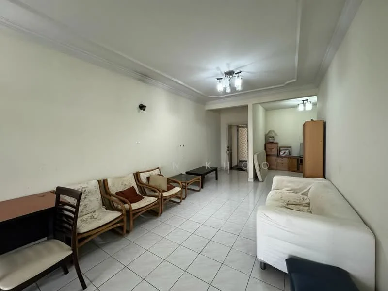 Living features: white painted walls, ceramic tile flooring, tray ceiling, 3-blade ceiling fan, 2-seater fabric sofa in white, 3-seater fabric sofa in beige, wooden coffee table, wooden side chair, wooden TV cabinet, open space layout; style: minimalist.