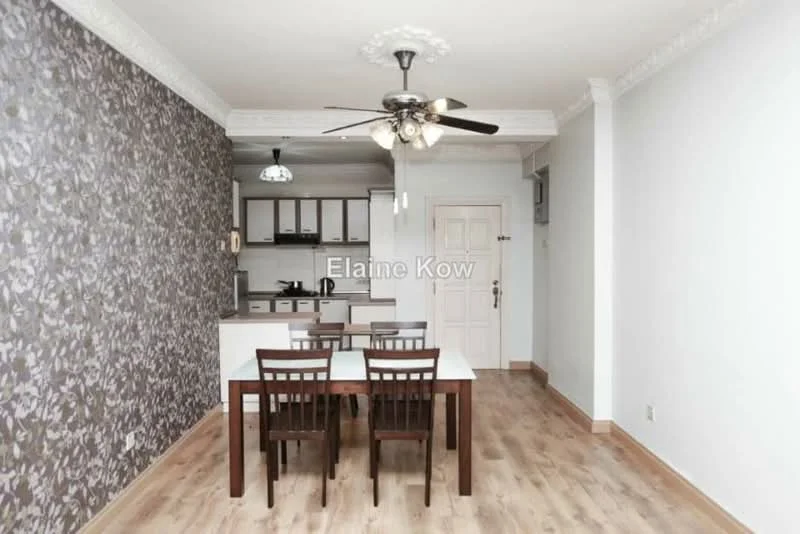 Dining features: 4-seater dining table, wooden dining chairs, wall with floral wallpaper, white painted walls, laminate flooring, 5-blade ceiling fan with light, recessed ceiling lights, open layout to kitchen; style: modern. Kitchen features: kitchen cabinets, countertop, stainless-steel sink, built-in appliances, open layout to dining area; style: modern.