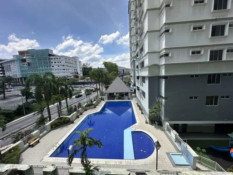 Exterior type: high-rise condominium; features: infinity pool, pool deck with loungers, landscaped garden area, surrounded by palm trees, covered pavilion, manicured lawn, city skyline view, adjacent to main road; style: modern.