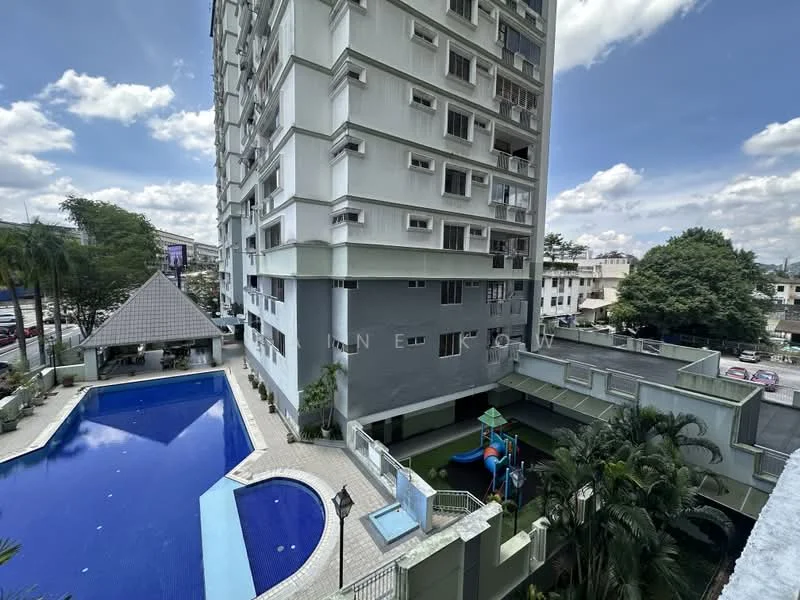 Exterior type: high-rise condominium; features: swimming pool, pool deck with loungers, children's playground, landscaped garden, glass curtain wall, white painted facade, approximately 10-storey high-rise, surrounded by mature greenery; style: modern.