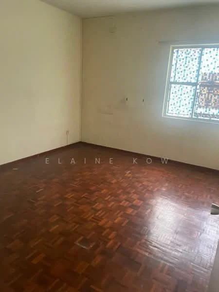 Room features: wooden flooring, plain white walls, single window, natural light, no visible furniture.
