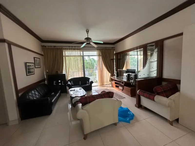 Living features: cream painted walls, white ceiling, 5-blade ceiling fan with light, large windows with sheer curtains, sliding glass door, 2-seater cream sofa, 3-seater black leather sofa, plaid patterned throw pillows, wooden coffee table, TV console with audio equipment, decorative mirror, tile flooring; style: contemporary; view: garden.