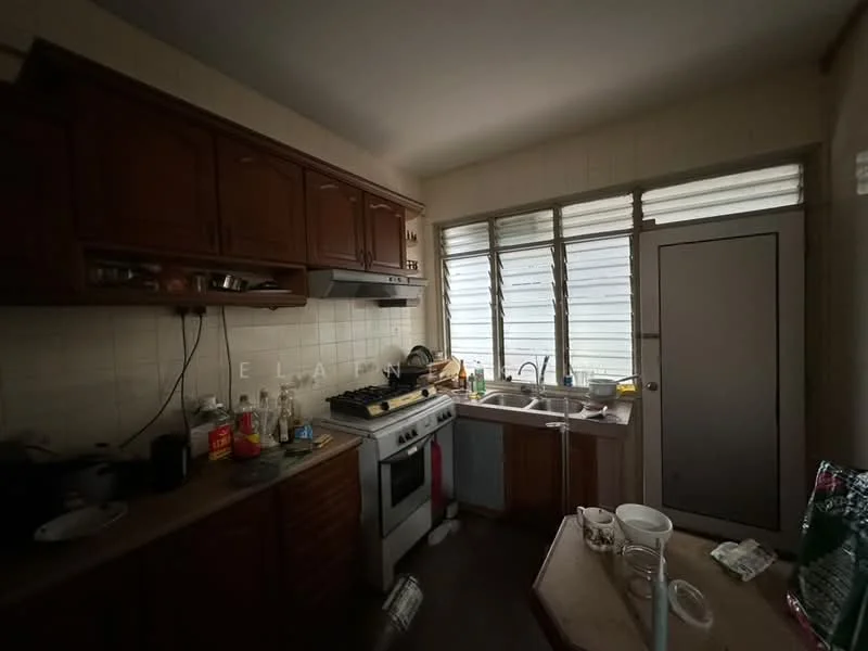 Kitchen features: wooden cabinetry, stainless-steel gas stove, stainless-steel oven, single-bowl stainless-steel sink, chrome pull-down faucet, tile backsplash, laminate countertop, window with horizontal slats, floor tiles, kitchen exhaust hood, open shelving, kitchen utensils and appliances visible.