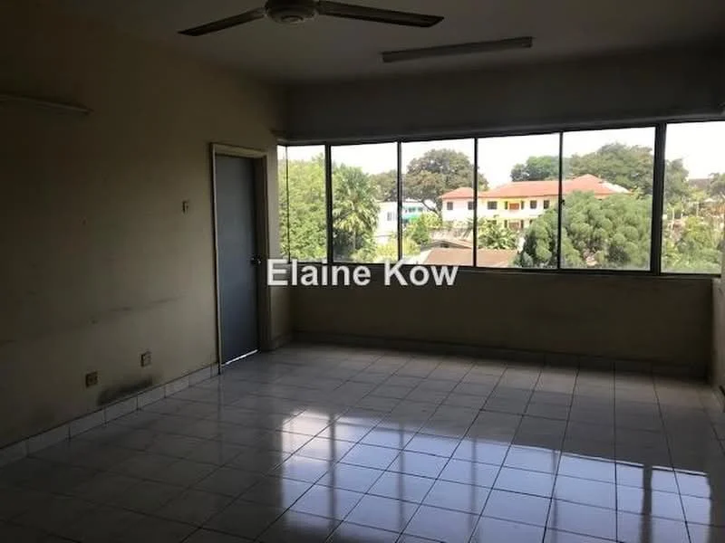 Room features: white painted walls, tiled flooring, ceiling fan, large windows, natural light, view of greenery, view of neighboring houses; view: garden.