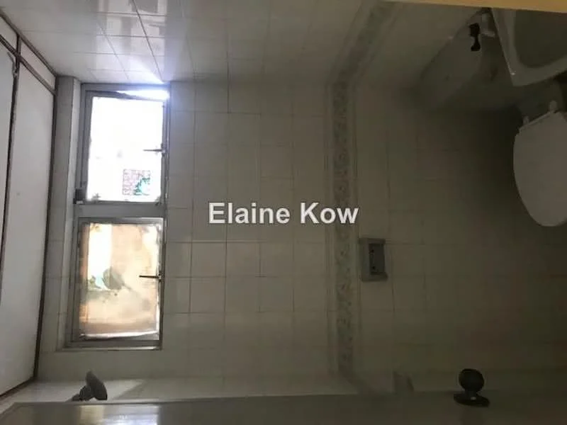 Bathroom features: white tiled walls, white tiled flooring, toilet, sink, window, shower area, mirror, light fixture.
