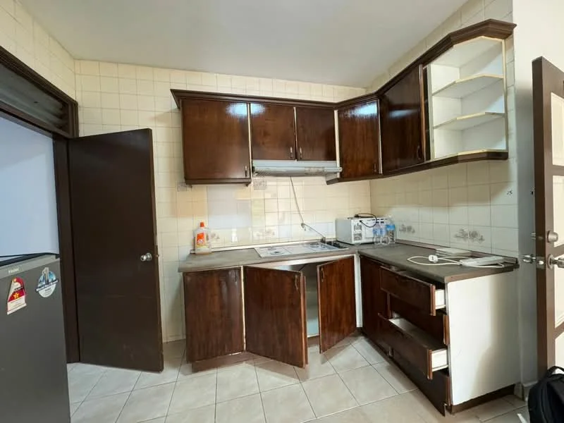Kitchen features: dark wood cabinetry, granite countertop, stainless-steel sink, chrome pull-down faucet, built-in stove, exhaust hood, tile backsplash, ceramic tile flooring, refrigerator, open shelving, wall-mounted cabinets, double-door cabinet, light switch, window, wall tiles; style: modern.