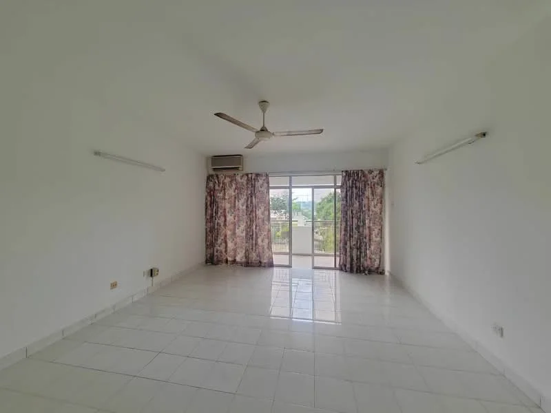 Living features: white painted walls, white tiled flooring, 5-blade ceiling fan, 2 wall-mounted light fixtures, floor-to-ceiling sliding glass door, curtains with floral pattern, air conditioning unit, balcony access; style: modern; view: garden.