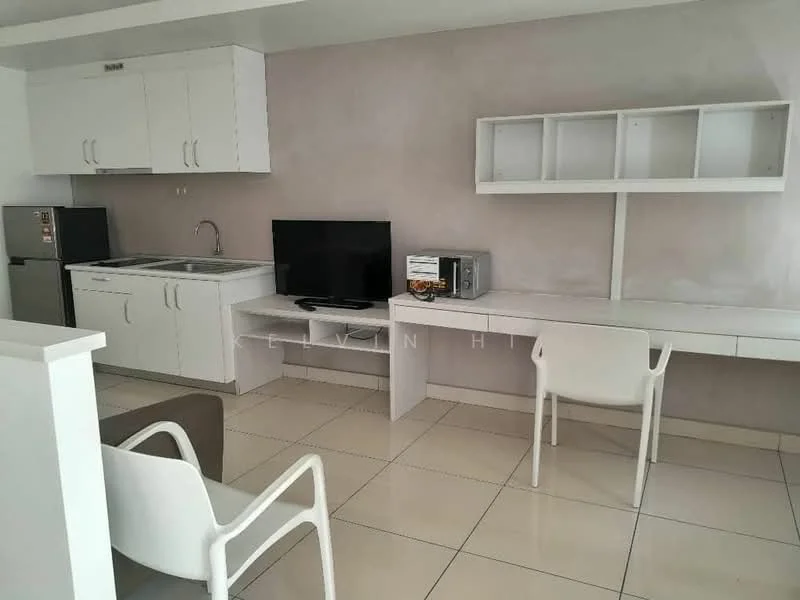 Living features: white painted walls, glossy tile flooring, kitchenette with white cabinets, single-bowl stainless-steel sink, built-in countertop, stainless-steel fridge, microwave, wall-mounted TV, study desk, white chair, brown sofa; style: modern.