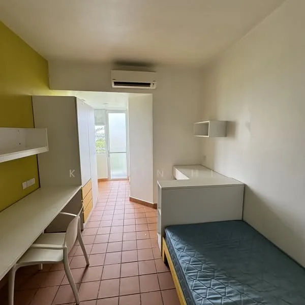 Bedroom features: single bed with mattress, built-in wardrobe, study desk with chair, white painted walls, green accent wall, tile flooring, wall-mounted air conditioning unit, window with natural light; style: minimalist.