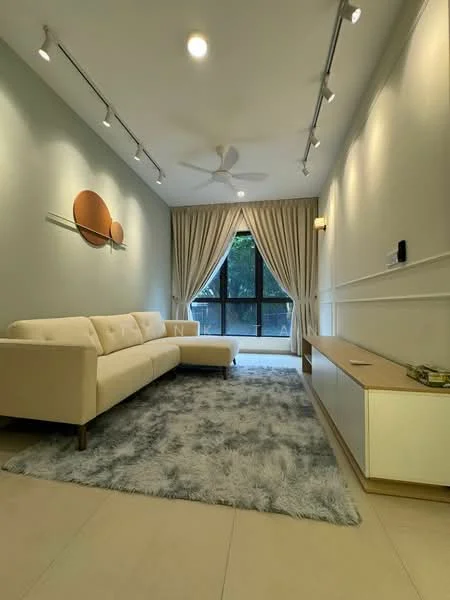Living features: 3-seater fabric sofa in cream, area rug with geometric pattern in grey, floor-to-ceiling windows, sheer curtains, ceiling fan with light, recessed LED downlights, wall-mounted TV console in light wood, decorative wall art, cream painted walls, tile flooring in light beige; style: modern; view: garden.