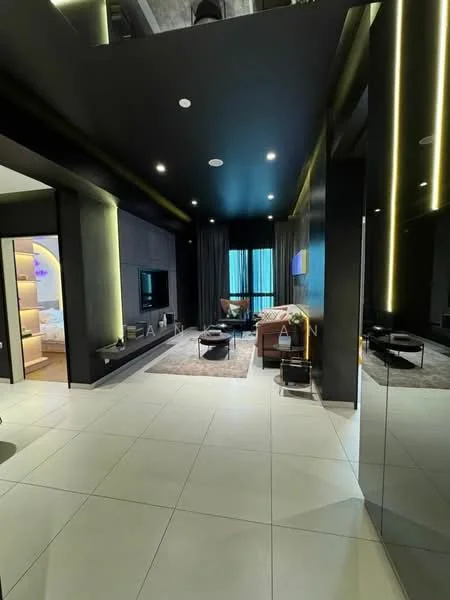 Living features: black painted walls, grey tiled flooring, recessed downlights, wall-mounted TV, sofa in brown leather, coffee table, area rug, floor-to-ceiling windows with sheer curtains, decorative mirror, black accent wall, open layout; style: modern; view: city. Room features: white walls, grey tiled flooring, recessed downlights.