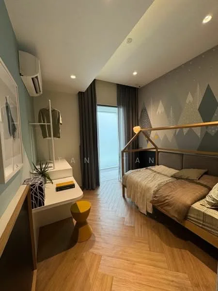 Bedroom features: single bed with beige bedding, wooden headboard, study desk with white surface, yellow accent stool, wall-mounted air conditioning unit, floor-to-ceiling window, grey curtains, geometric patterned wallpaper, herringbone patterned wooden flooring, decorative wall art; style: modern.