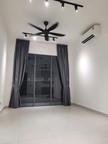 Room features: white painted walls, tile flooring, 5-blade ceiling fan with light, wall-mounted split AC, floor-to-ceiling sliding glass door, blackout curtains, recessed downlights; style: modern.