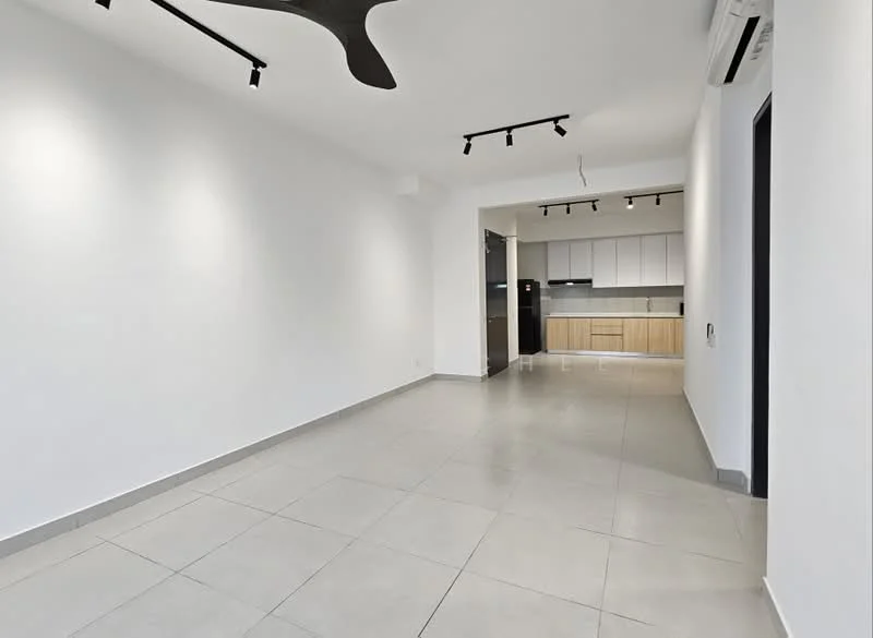 Living features: white painted walls, grey tiled flooring, 5-blade ceiling fan, recessed LED downlights, track lighting, open-plan layout, kitchen area visible, built-in cabinetry in kitchen, countertop in kitchen, appliances in kitchen; style: modern.