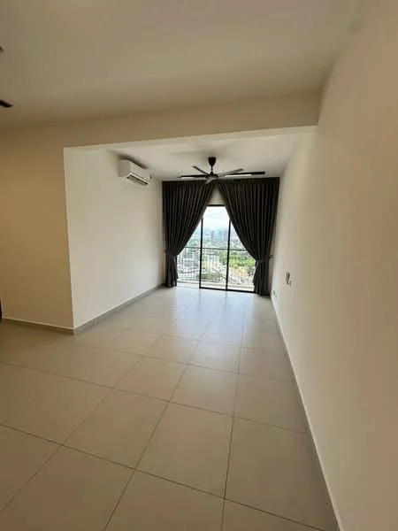 Living features: light grey tiled flooring, white painted walls, 5-blade ceiling fan, floor-to-ceiling sliding glass door, sheer curtains, mountain view, wall-mounted split AC; style: modern; view: mountain.