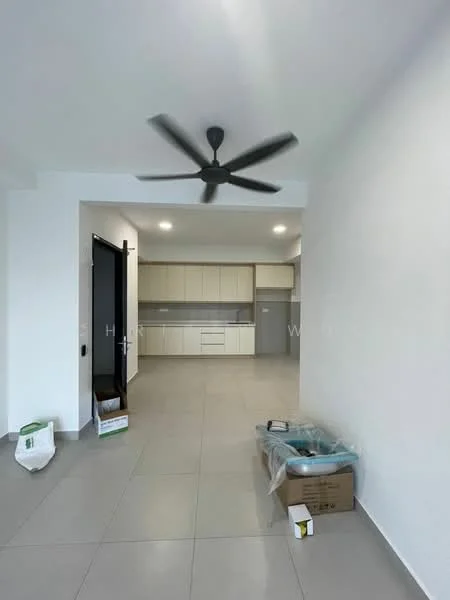 Living features: light grey tiled flooring, white painted walls, 5-blade ceiling fan with light, recessed downlights, open layout to kitchen, kitchen cabinetry with light wood finish, kitchen countertop with grey surface, boxes and packing materials visible; style: modern.