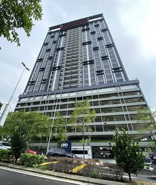 Exterior type: high-rise condominium; features: glass curtain wall, exposed concrete facade, recessed balconies, approximately 20-storey high-rise, manicured lawn, mature trees, open-air parking lot; style: modern.