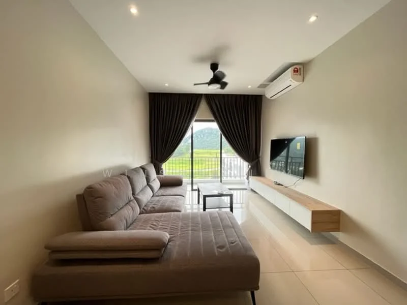 Living features: 3-seater fabric sofa in grey, coffee table, wall-mounted TV, TV console with wooden finish, floor-to-ceiling windows, sliding glass door, blackout curtains, 5-blade ceiling fan, wall-mounted split AC, glossy tile flooring, neutral painted walls, mountain view; style: modern; view: mountain.
