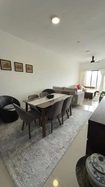 Living features: white painted walls, polished tile flooring, 5-blade ceiling fan with light, large windows with sheer curtains, sofa in light grey fabric, dining table with 6 upholstered chairs, decorative area rug with geometric pattern, framed artwork on walls, sideboard cabinet, decorative vase; style: modern; view: city.