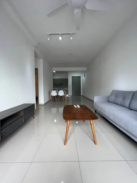 Living features: grey fabric sofa, wooden coffee table, white walls, polished tile flooring, ceiling fan, recessed LED downlights, TV console, open layout, dining area visible in background; style: modern.
