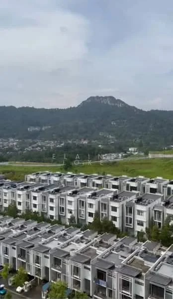 Exterior type: linked terrace house; features: multiple linked terrace houses, flat roof, white painted facade, balconies on upper floors, manicured landscaping, surrounded by greenery, mountain view in background, two-storey buildings; style: modern.