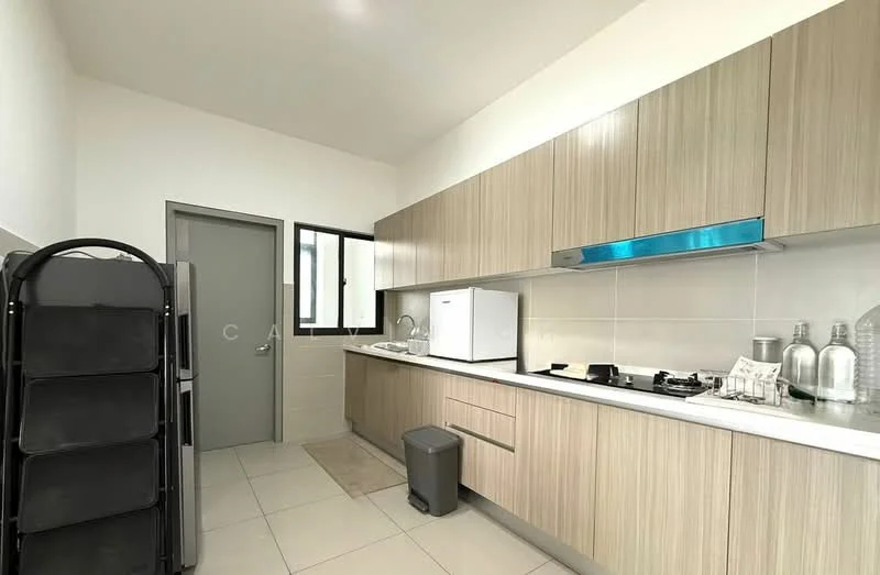 Kitchen features: light wood cabinetry, white countertop, built-in gas hob, built-in oven, stainless-steel sink, chrome pull-down faucet, grey tiled backsplash, white walls, floor-to-ceiling window, grey tile flooring, refrigerator, kitchen island, under-sink storage, wall-mounted cabinets; style: modern.
