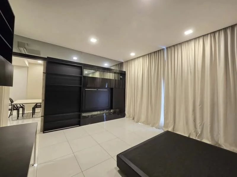 Room features: white painted walls, floor-to-ceiling curtains in cream, glossy white tile flooring, black built-in cabinetry, recessed LED downlights, open space layout, air conditioning unit, black platform bed base; style: modern.