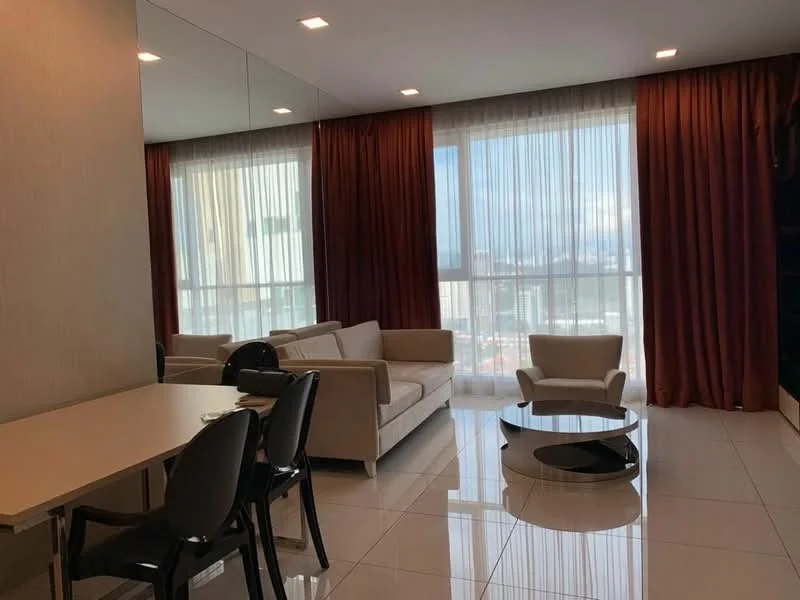 Living features: floor-to-ceiling windows, sheer curtains, dark red curtains, cream fabric sofa, white accent chair, round coffee table with black base, dining table with four black chairs, mirrored wall, glossy white tile flooring, recessed LED downlights; style: modern; view: city.