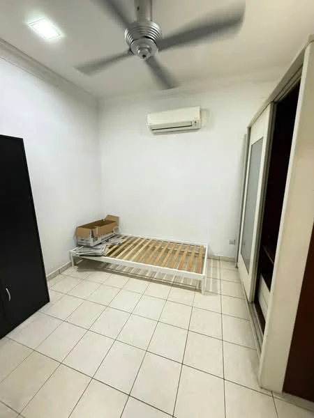 Bedroom features: white painted walls, tile flooring, 5-blade ceiling fan, 1 wall-mounted split AC, wooden bed frame without mattress, built-in wardrobe with sliding doors, box of items on floor.
