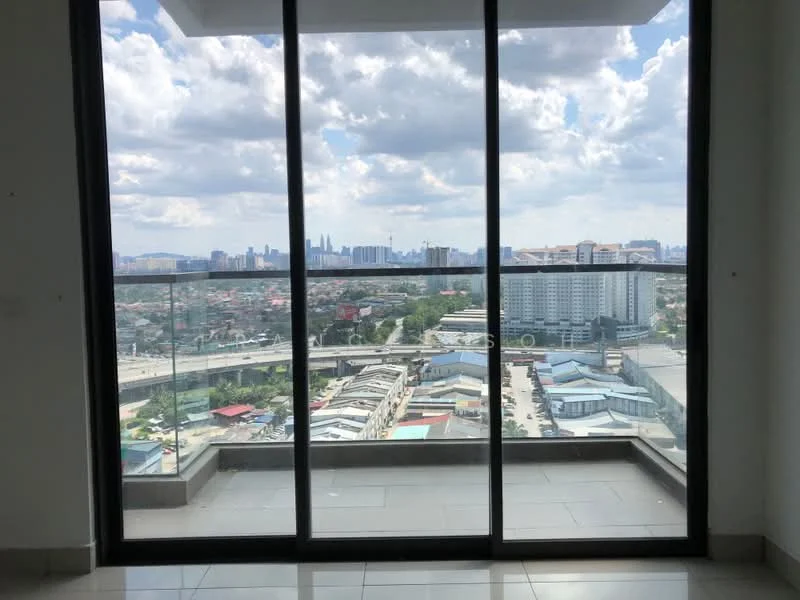 Room features: floor-to-ceiling windows, glass balcony railing, grey tiled flooring, city skyline view, open space, natural light, contemporary design; style: modern; view: city.