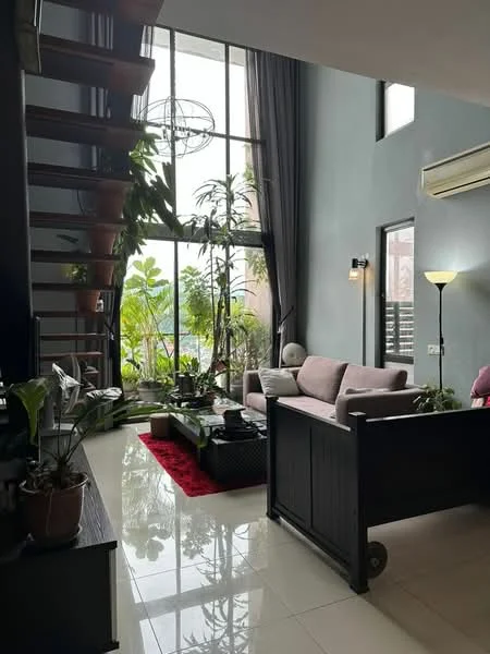 Living features: grey painted walls, white tiled flooring, large floor-to-ceiling windows, curtains, sofa in light color, coffee table, area rug in red, indoor plants, ceiling fan, wall-mounted light fixtures, decorative lamp, staircase with wooden steps, decorative wall art; style: modern; view: garden.