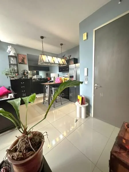 Kitchen features: black cabinetry, stainless-steel appliances, island with seating, pendant lighting over island, white tiled backsplash, ceramic tile flooring, open layout, refrigerator, built-in oven, microwave, sink, countertop with bar stools; style: modern. Room features: grey painted walls, large door, indoor plant, decorative items on shelves.