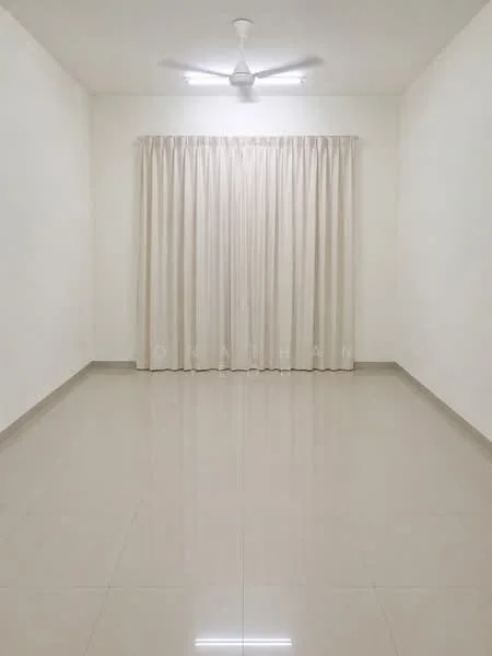 Room features: white painted walls, glossy ceramic tile flooring, ceiling fan, sheer curtains, neutral color palette, recessed lighting; style: modern.