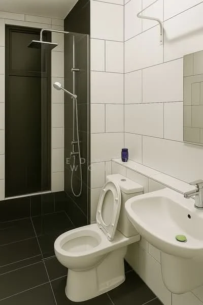 Bathroom features: white ceramic toilet, single-sink vanity with white basin, chrome basin mixer faucet, framed mirror, walk-in shower with glass enclosure, rain shower head, handheld shower, black tile flooring, white wall tiles with grey grout, shower wall with black accent tiles; style: modern.