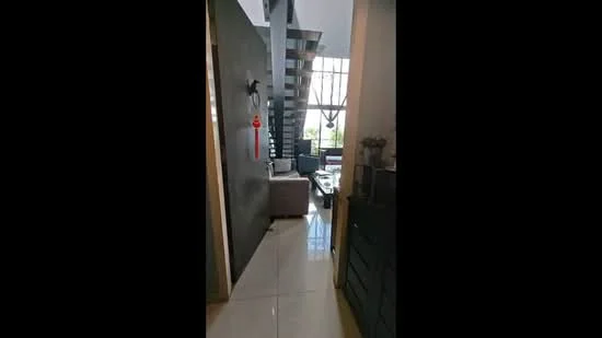 Room features: grey accent wall, white painted walls, glossy tile flooring, staircase with metal railing, large windows allowing natural light, modern light fixture, decorative wall clock, sofa, coffee table, decorative plants; style: modern; view: garden.