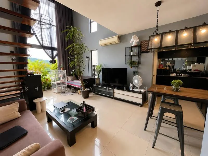 Living features: grey fabric sofa, black coffee table, TV console, wall-mounted TV, wooden shelving unit, large windows with sheer curtains, pendant lighting, ceiling fan, decorative plants, tile flooring, open layout to kitchen, dining table with stools; style: modern; view: garden.