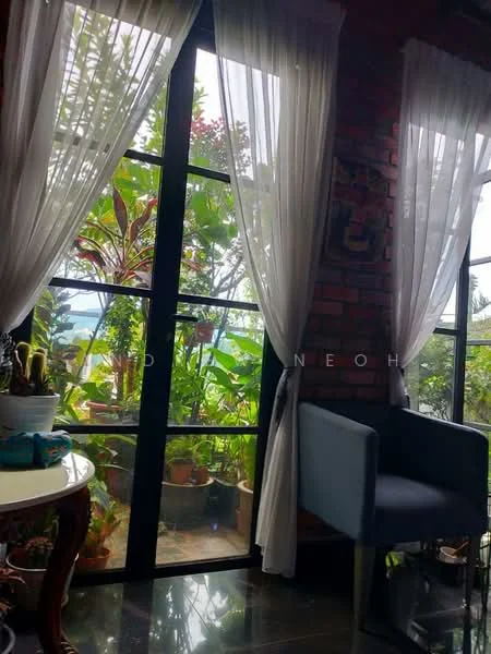 Room features: brick accent wall, floor-to-ceiling windows, sheer curtains, dark polished flooring, decorative plants, armchair, small side table; style: modern; view: garden.