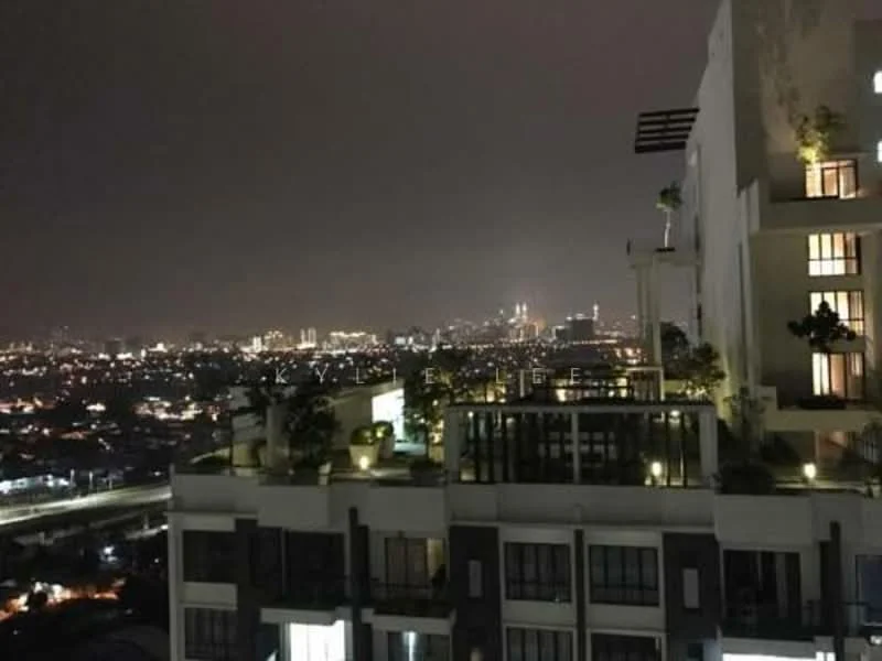 Exterior type: high-rise condominium; features: city skyline view, outdoor terrace with greenery, night lighting, multiple levels, balconies with planters, glass facade, modern architectural design; style: modern.