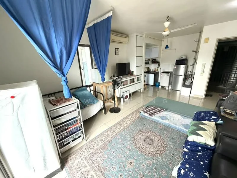 Living features: light blue curtains, white walls, ceramic tile flooring, ceiling fan, wall-mounted TV, black TV console, sofa with cushions, area rug with geometric pattern, small coffee table, air conditioning unit, bookshelf, open shelving unit, refrigerator, kitchenette with countertop; style: modern.