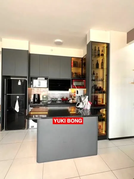 Kitchen features: black cabinetry, grey countertop, stainless-steel fridge, built-in oven, microwave, kitchen island with seating, glass display cabinet, ceramic tile flooring, recessed downlights, kettle, toaster, coffee machine; style: modern.