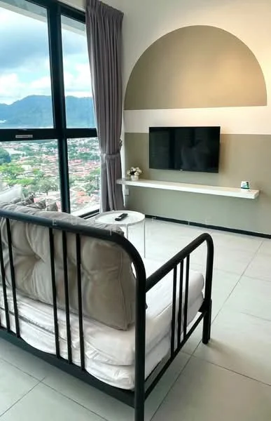 Living features: black metal bed frame, upholstered mattress, grey cushions, round white coffee table, wall-mounted TV, light green accent wall, white wall shelf, floor-to-ceiling windows, curtains in light grey, tile flooring, mountain view; style: modern; view: mountain.