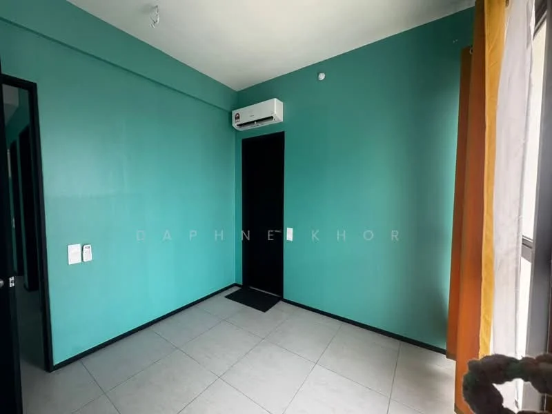 Room features: turquoise painted walls, grey tile flooring, 1 wall-mounted split AC, black door, floor-to-ceiling window, curtains in orange, light fixture on ceiling; style: modern.