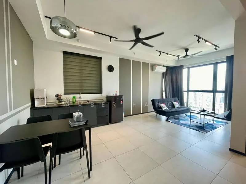 Living features: floor-to-ceiling windows, blackout curtains, 3-blade ceiling fan, recessed LED downlights, sofa bed in grey, coffee table, TV console, dining table for 4, black dining chairs, kitchenette with sink, built-in cabinets, stainless-steel fridge, microwave, countertop with bar stools; style: modern; view: city.